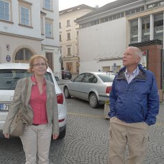 Dana and Larry walking through Brno&#39;s downtown
